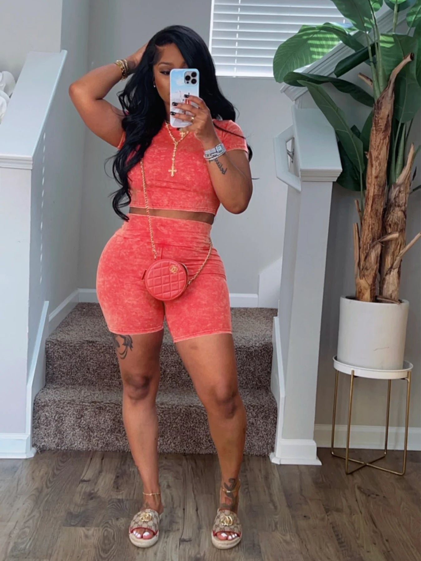 Fashionable Women's Clothing Solid Color Cotton Blending Short Sleeve High-Waisted Two-Piece Shorts Set 5