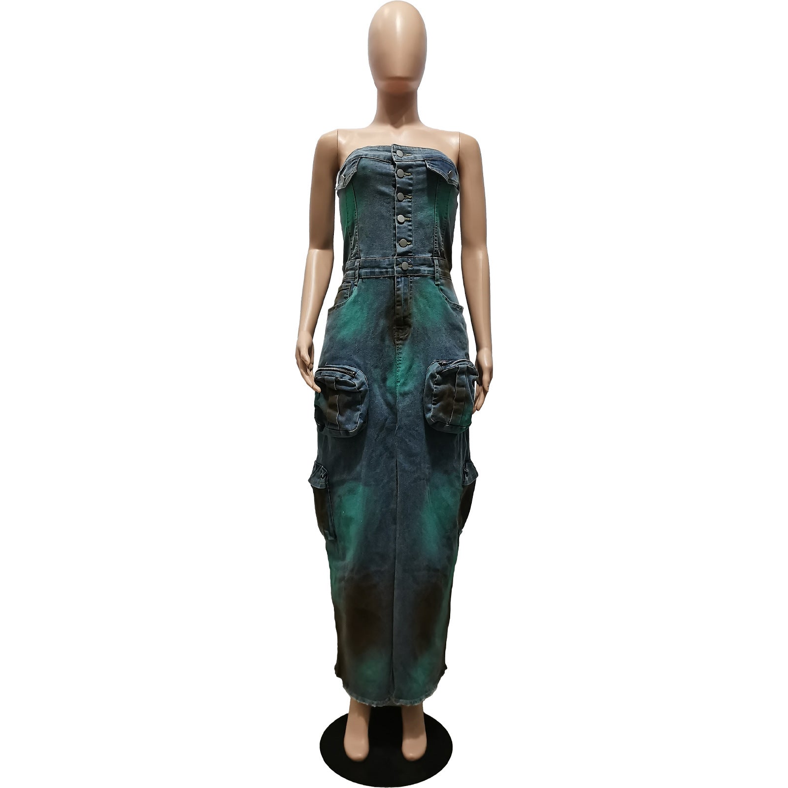 Women Sexy Strapless Off-Shoulder Tie-Dye Slit Cargo Denim Dress 8