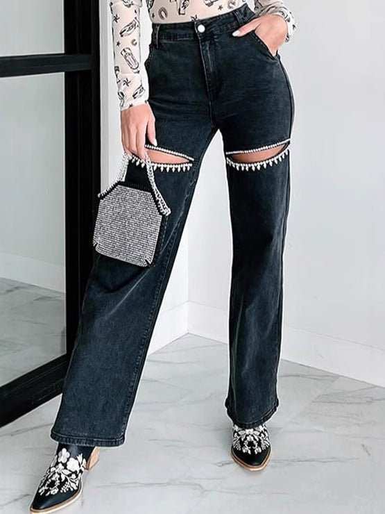 Fashion Women's Washed Multi-Pocket Hollow Diamond Washed Denim Pants 6