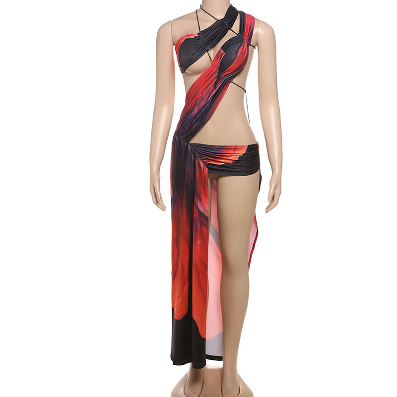 Women Sexy Slash Shoulder Lace-up Backless Contrast Color Slit Dress 6