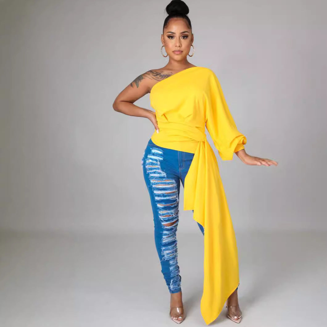 One Shoulder Long Sleeve Irregular Women's Top 8