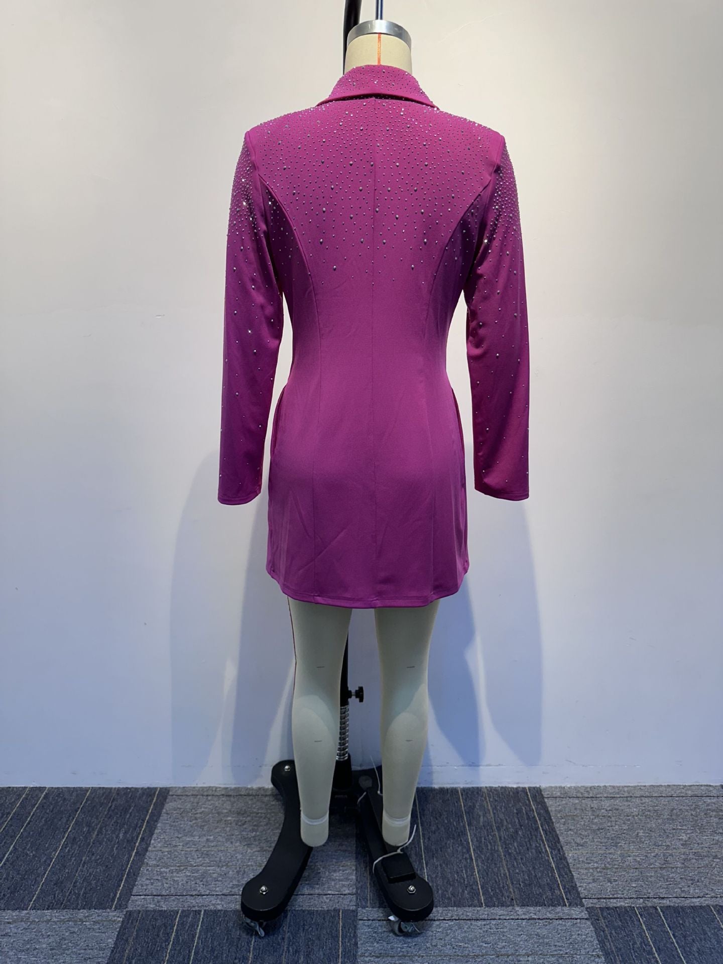 Sexy Solid Color Beaded Slim Waist Long-Sleeved Blazer Dress 14