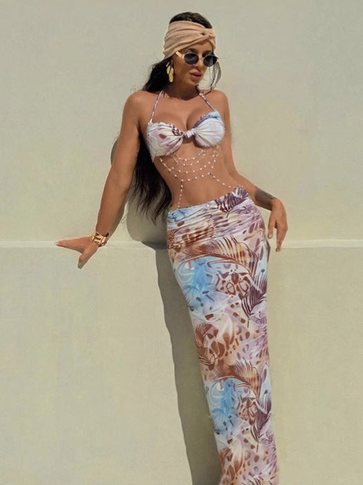 Women's Spring Halter Neck Tie Beaded Chain Slim Low Back Sexy Dress 11