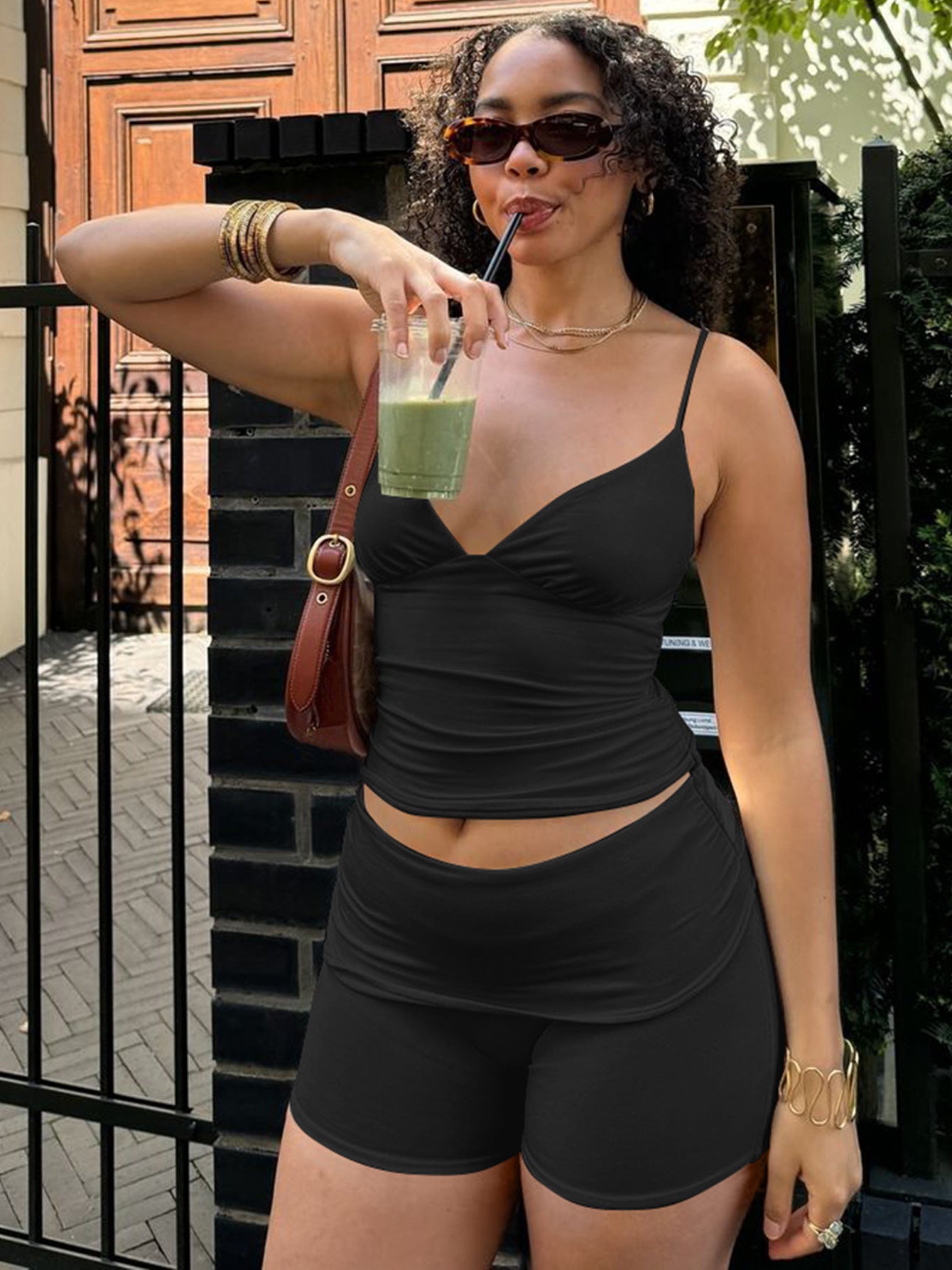 Women's Summer Solid Color Tank Top Butt-Lifting Shorts Sportswear Set 7