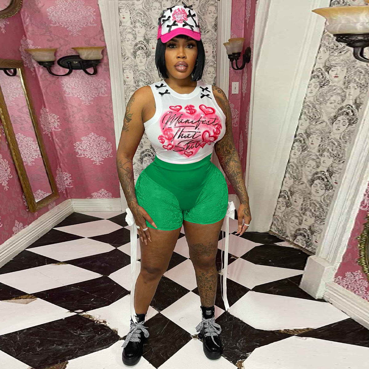 Women's sexy Lace See-Through bow shorts sleeveless vest two-piece set 4