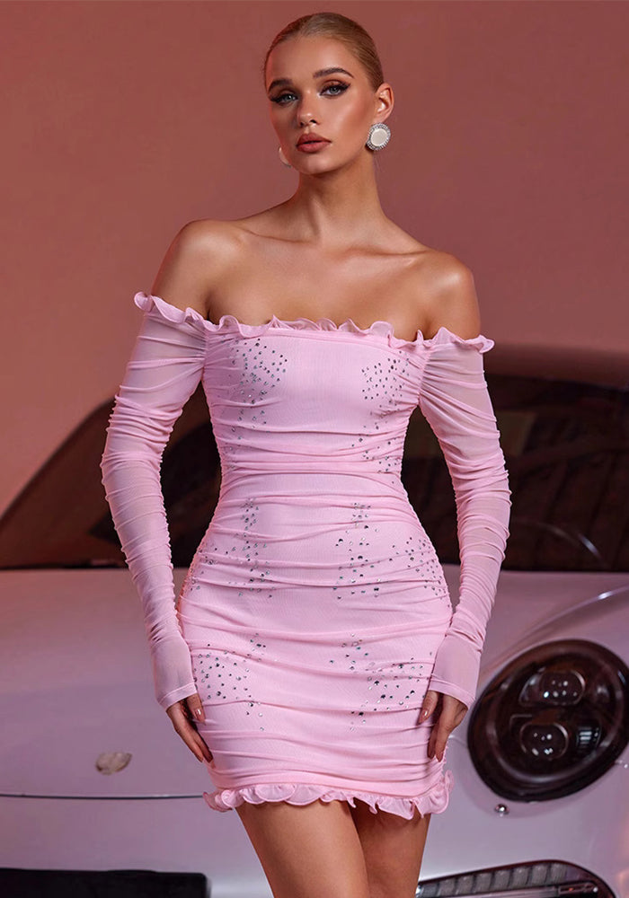 Women's Off Shoulder Fashion Sexy Long Sleeve Beaded Slim Short Dress