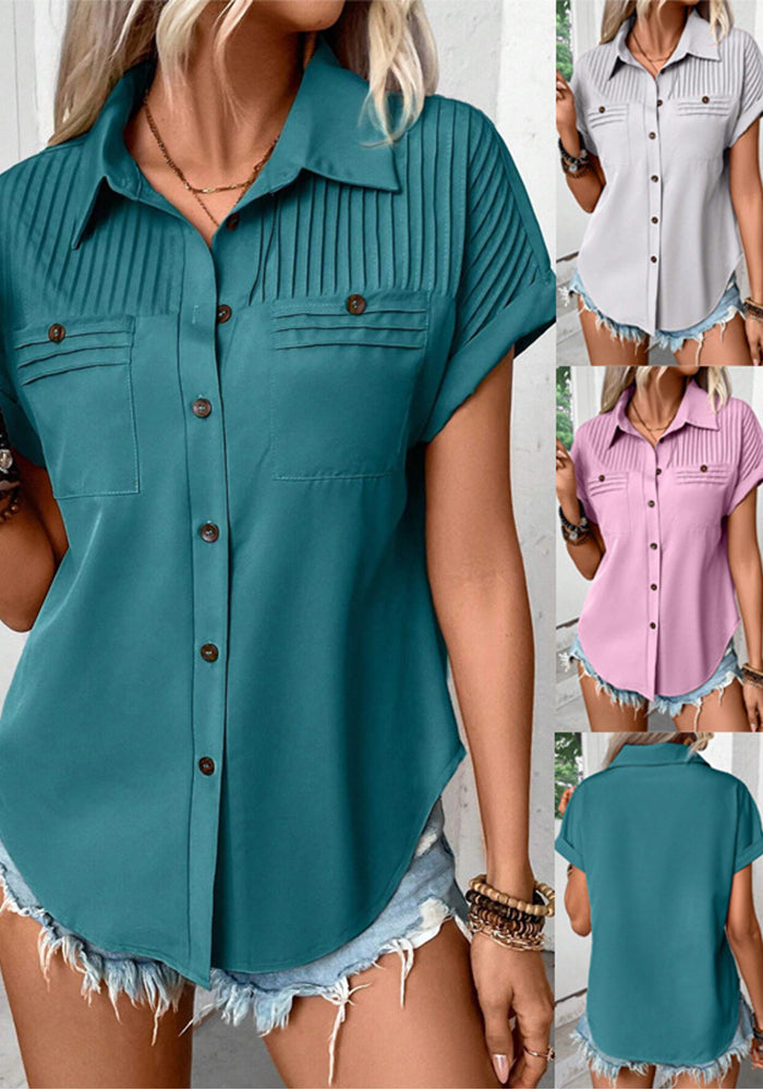 Women Solid Turndown Collar Pleated Pocket Short Sleeve Top T-shirt
