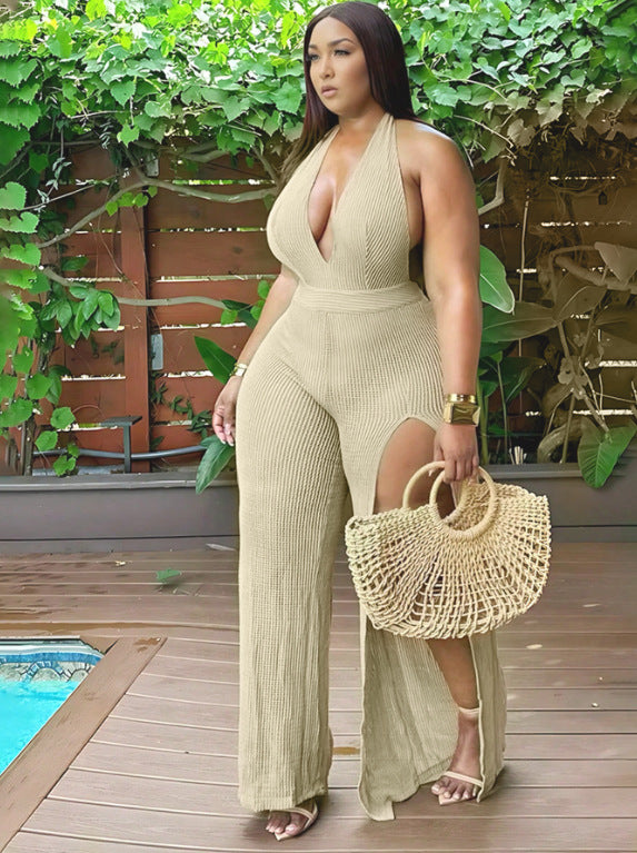Women's Summer Casual Halter-Neck Jumpsuit with Irregular Slit Leg