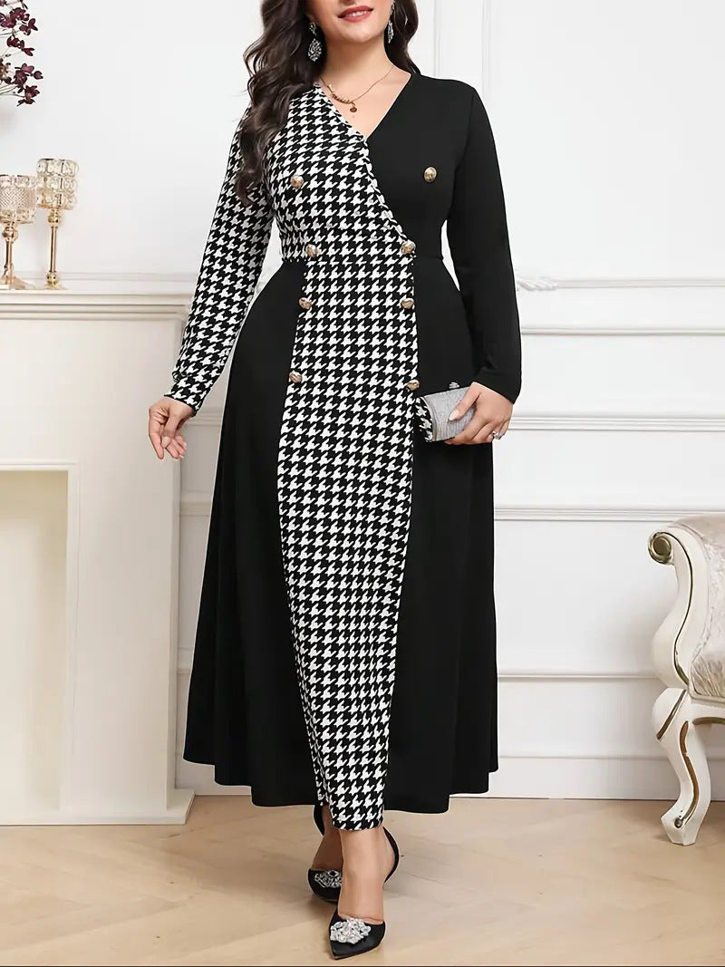 Plus Size Women contrast houndstooth dress 3