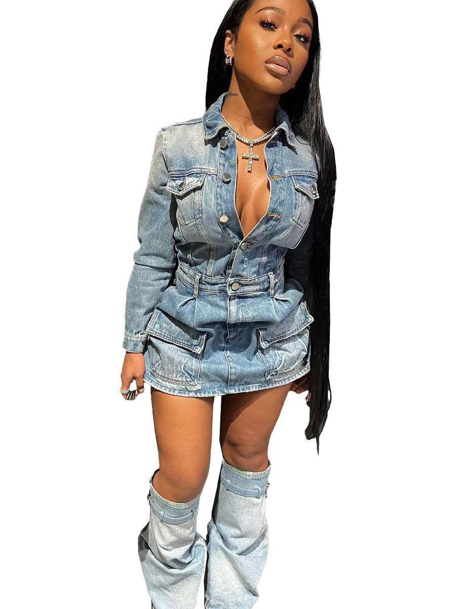 Feminine Multi-Pocket Washed Denim Dress (Including Cuffs) 3