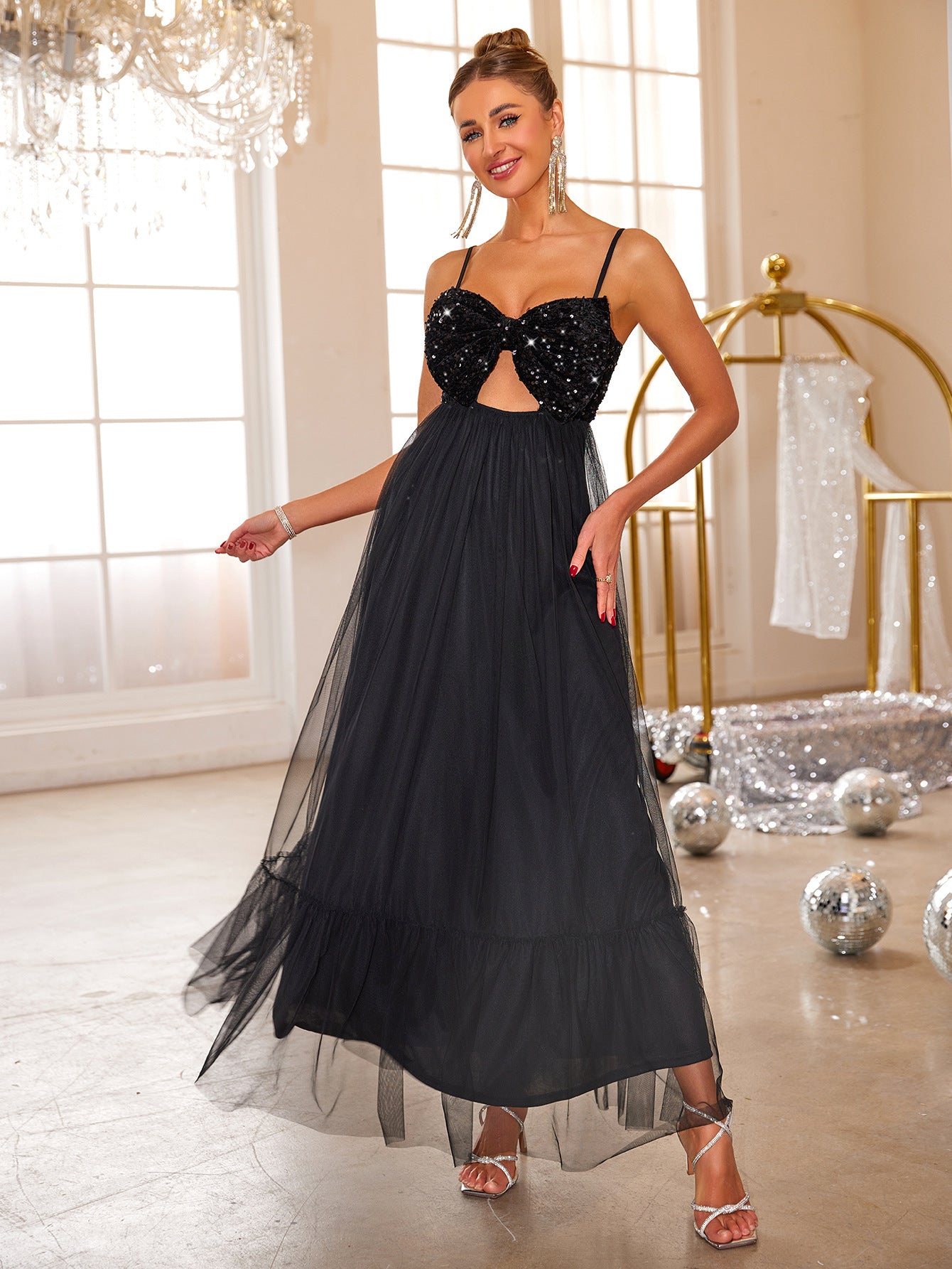 Mesh Sequin Strap Evening Dress Women's Long Formal Party Gown