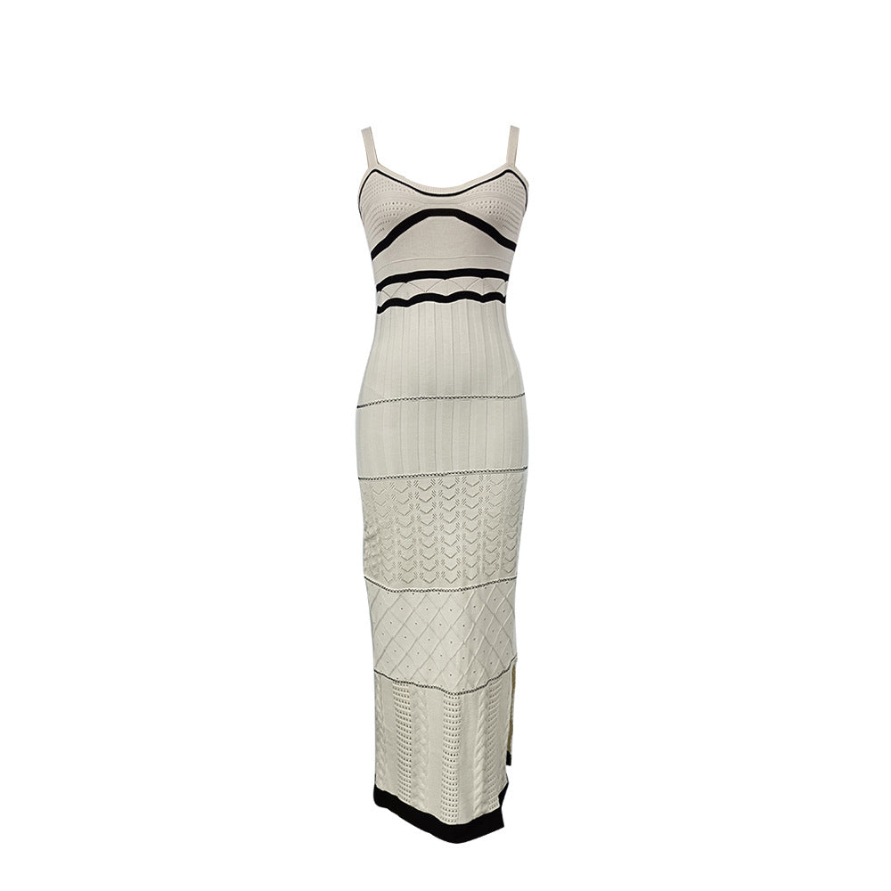 Summer Knitted Contrast Bohemian Strap Slim Long Dress 15