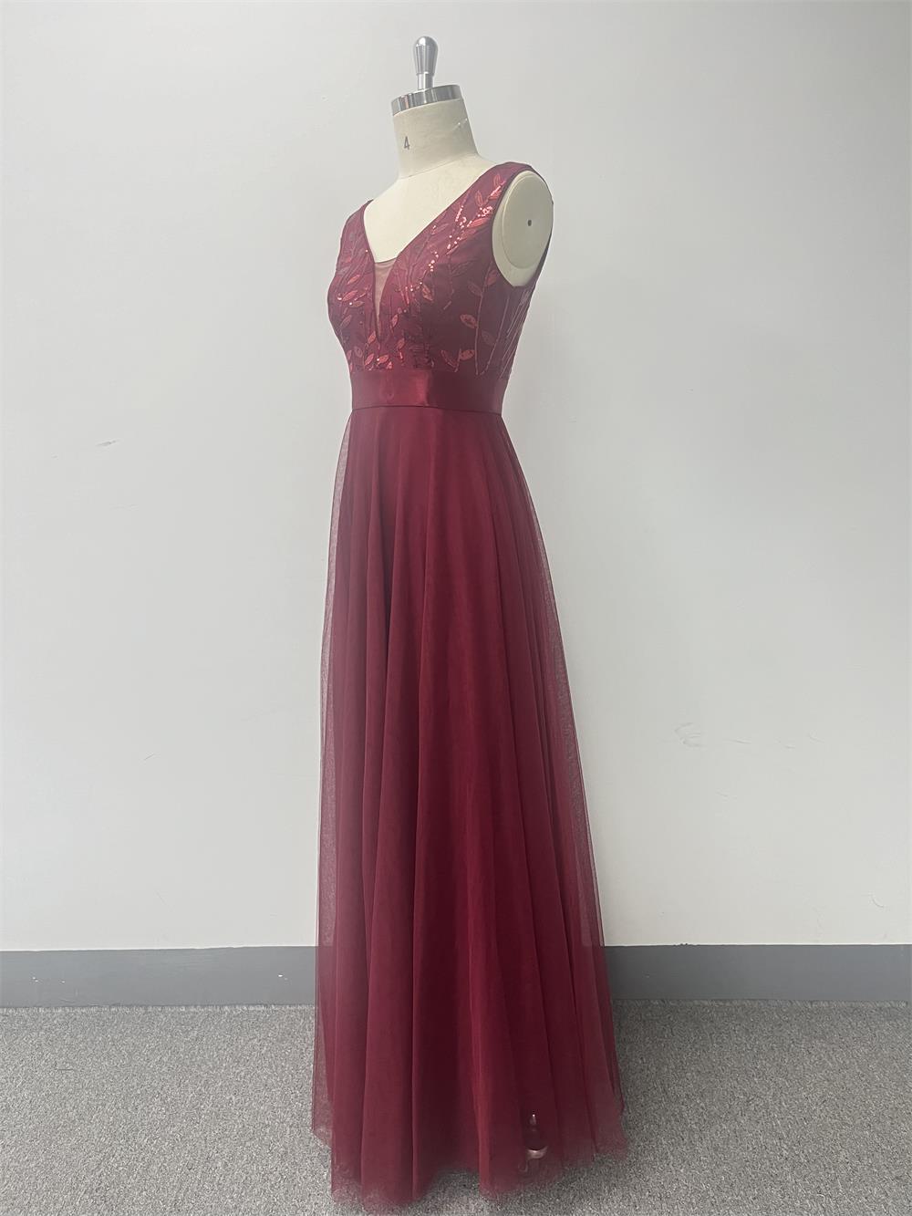 Patchwork Elastic Waist Sleeveless Double V Neck Evening Gown with Embroidered Tulle Elegant Long Swing Party Dress 22