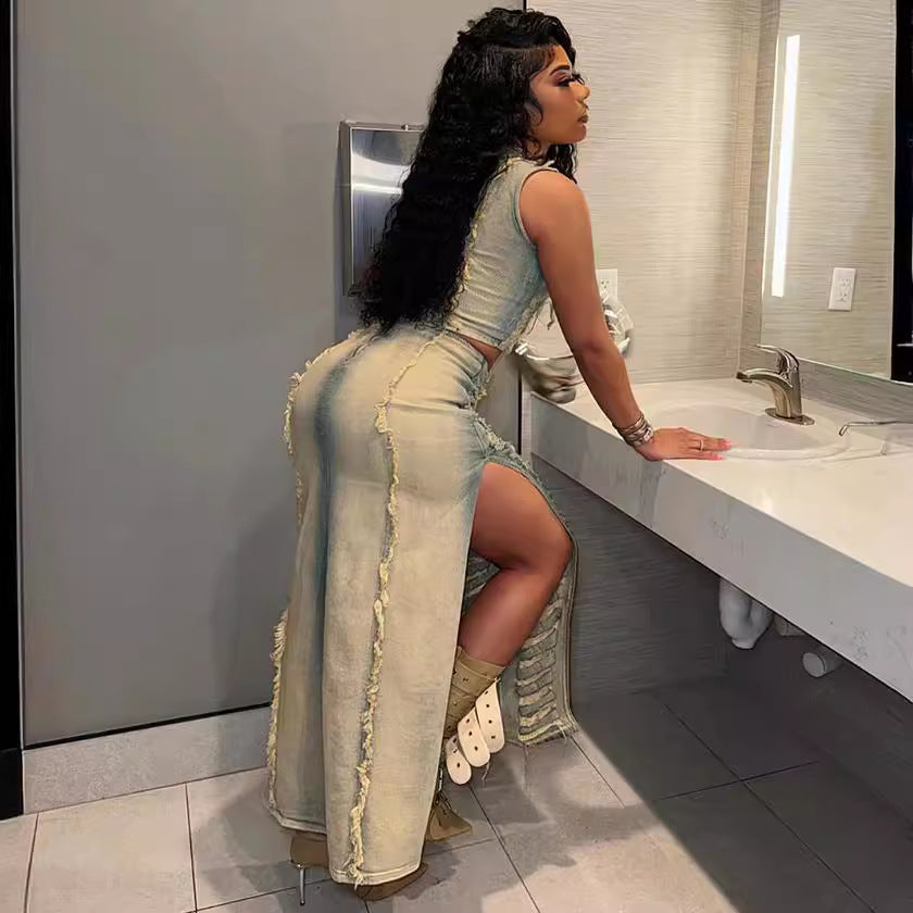 Women Trend Style Frayed Tank Top and Slit Skirt Denim Two-piece Set 3