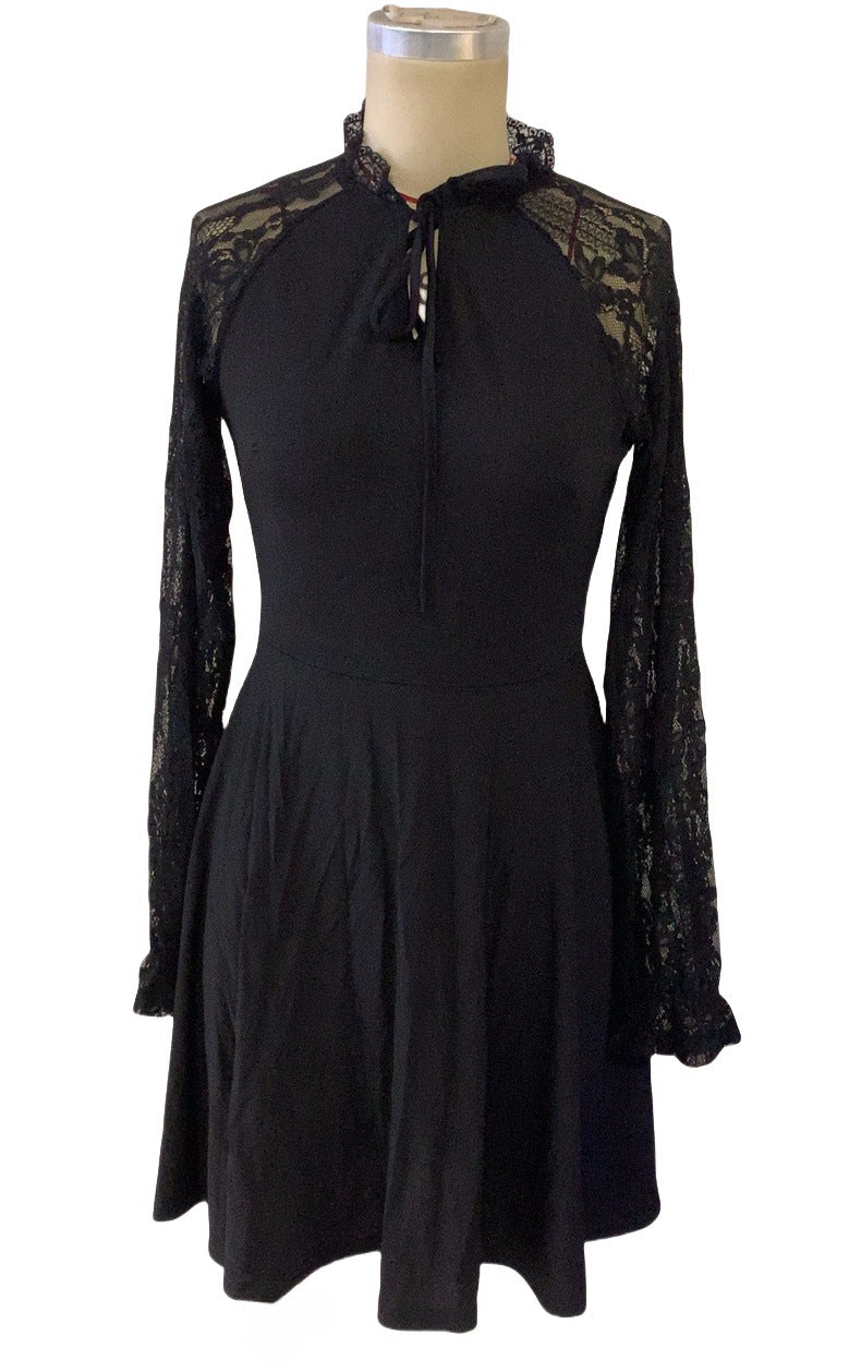 Autumn Winter Elegant Women's Solid Contrast Lace Long Sleeve Casual Dress 10