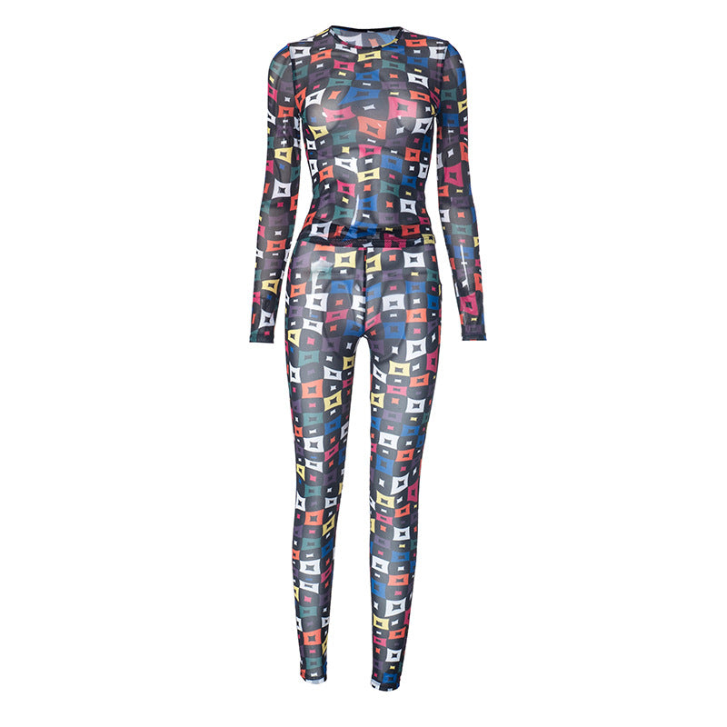 Women sexy mesh see-through print top and casual trousers two-piece set 7