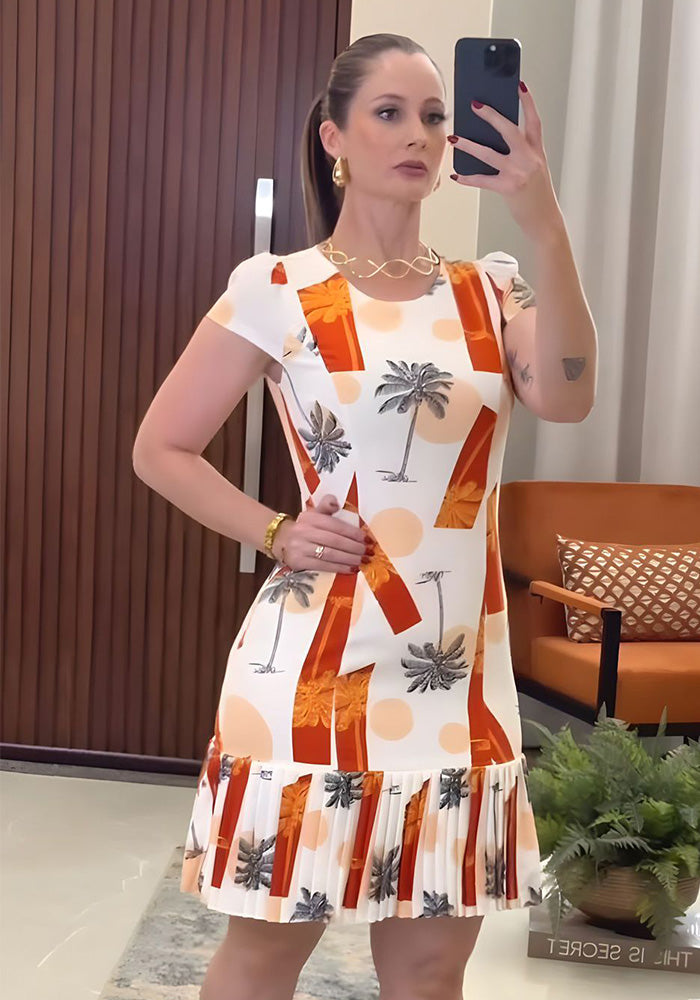 Women Printed Pleated Short Sleeve Dress