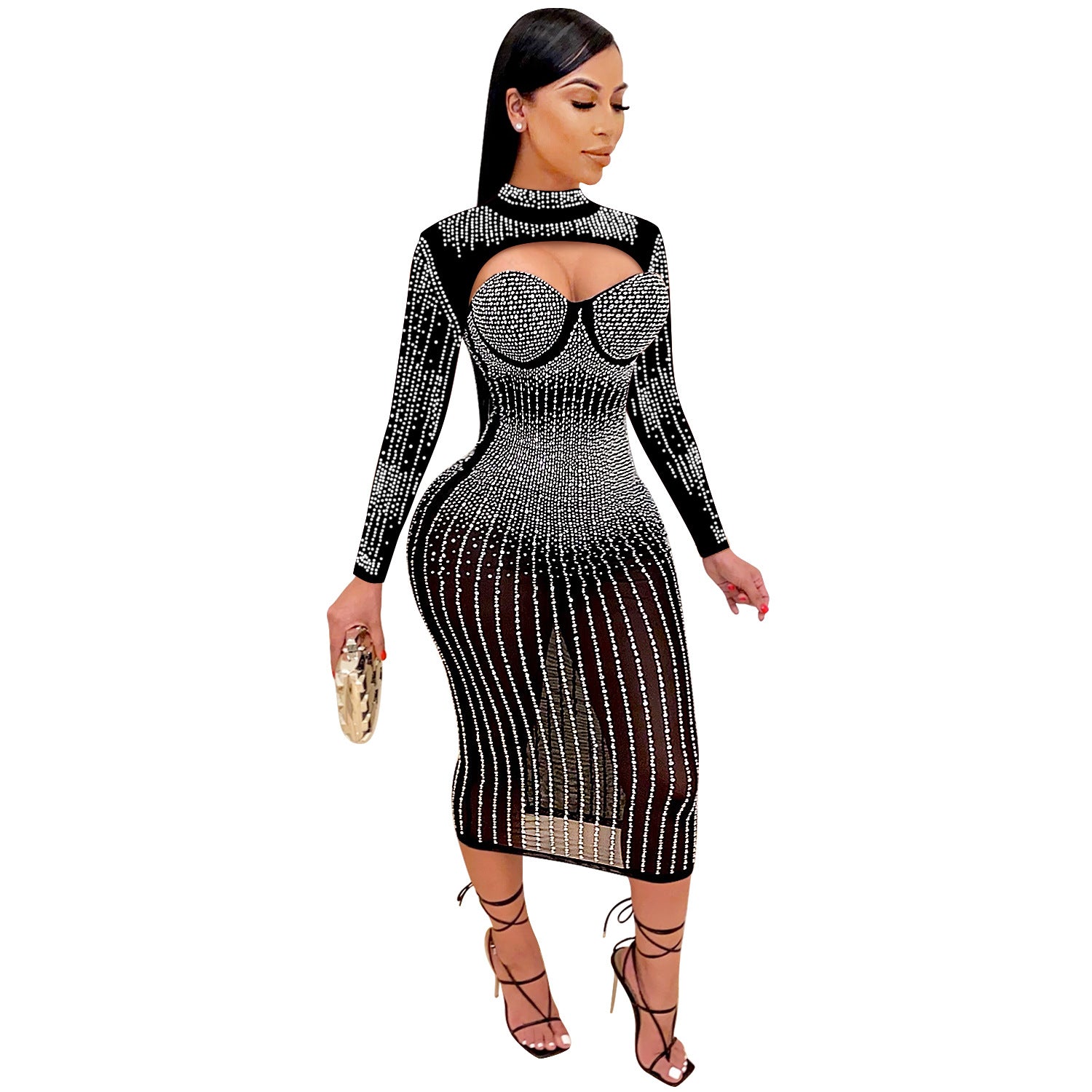 Women Mesh See-Through Beaded Strap Dress 13