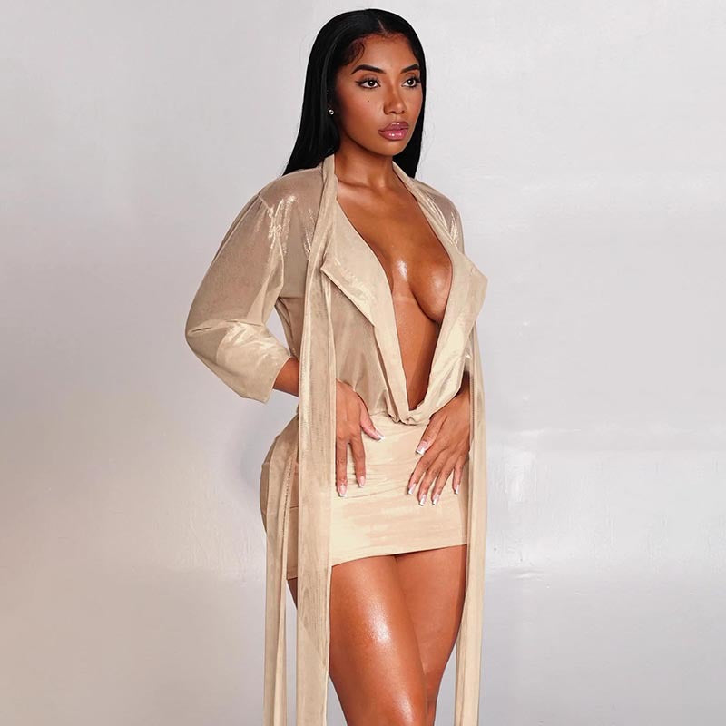 Women's Sexy Sheer Lace-Up Long Sleeve Top & Tight Fitting Bodycon Mini Skirt Two-Piece Set 4