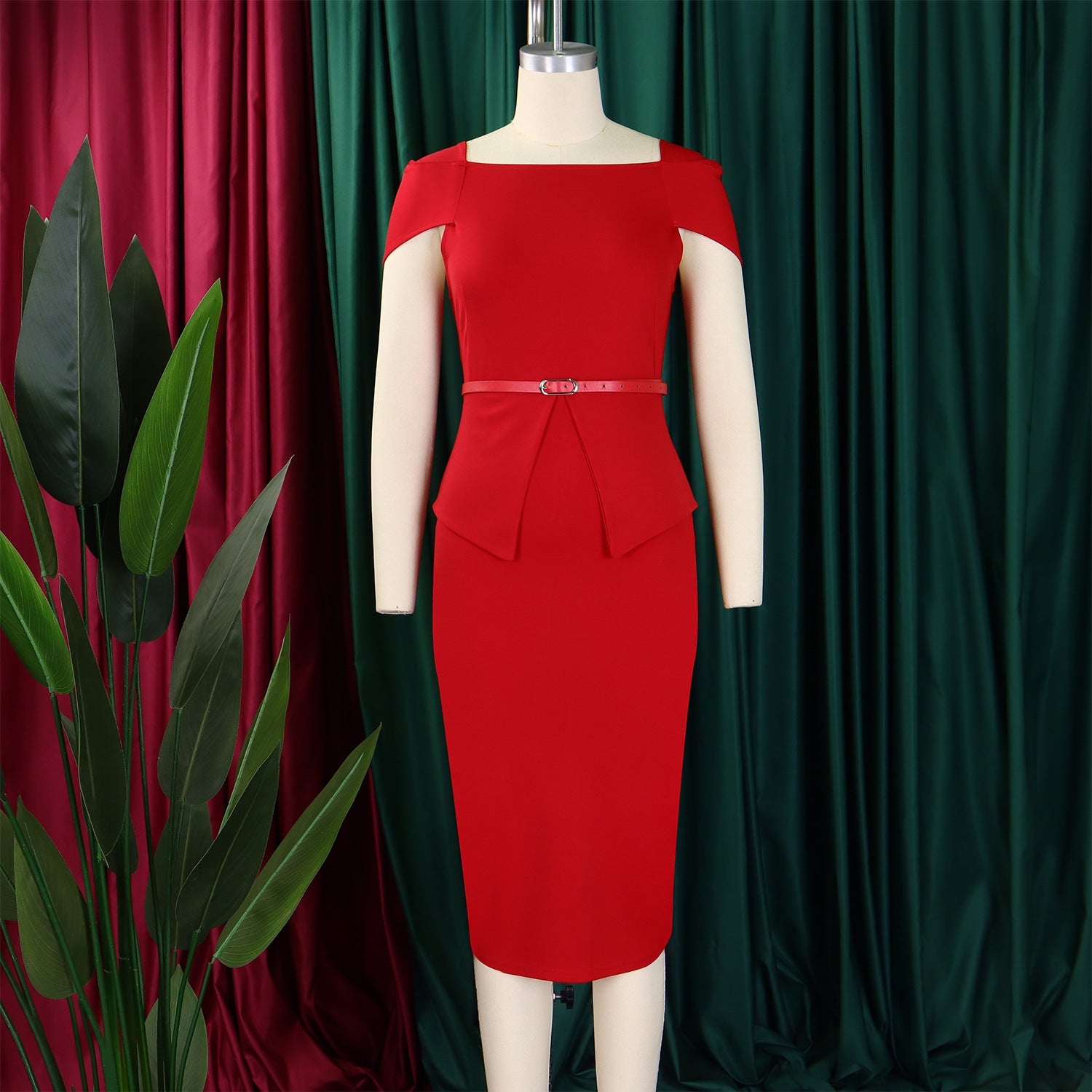 African Women's Solid Color High-Waist Ruffle Short-Sleeve Square-Neck Bodycon Pencil Dress 17