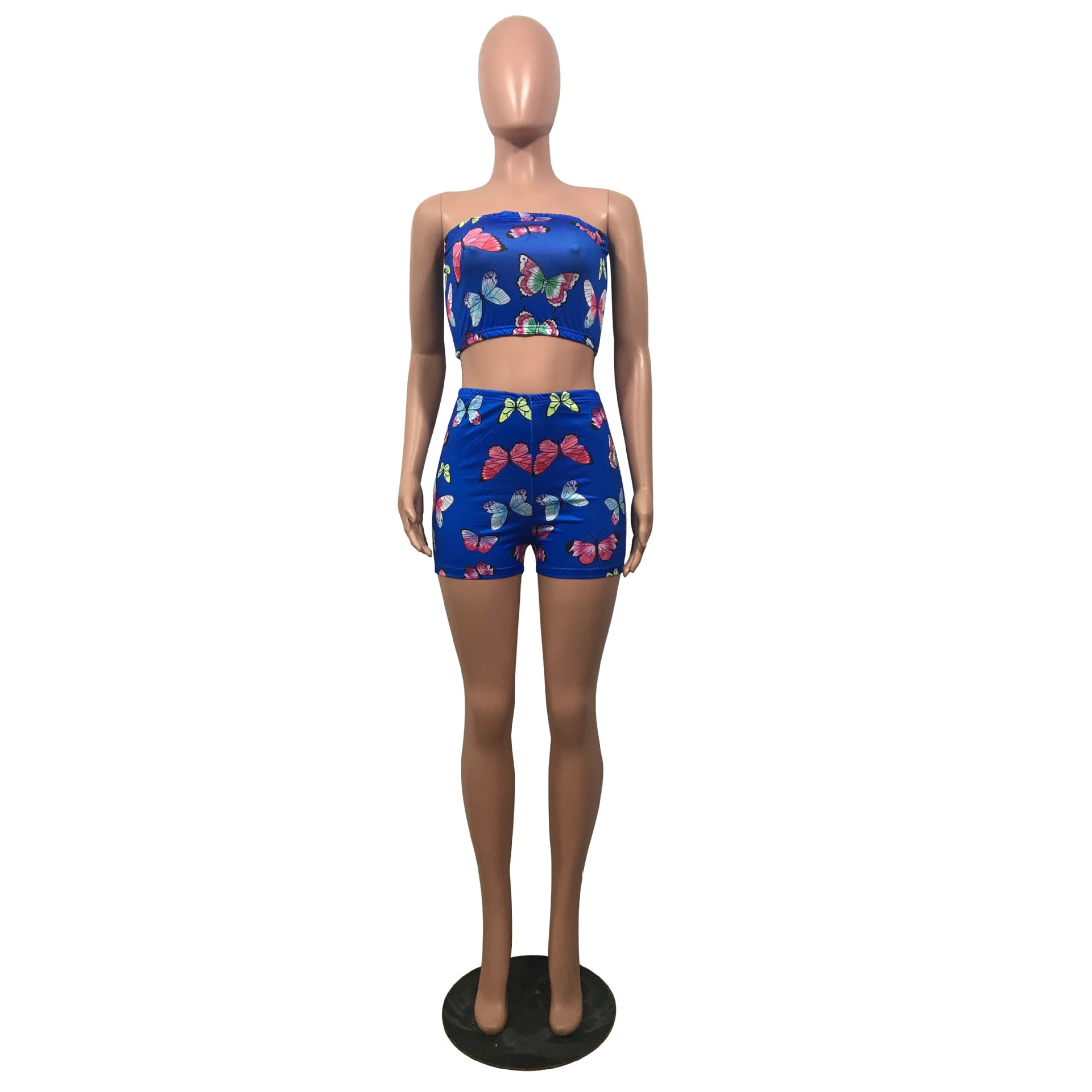 Summer Women's Sexy Slim Fit Butterfly Print Strapless Two Piece Shorts Set 25