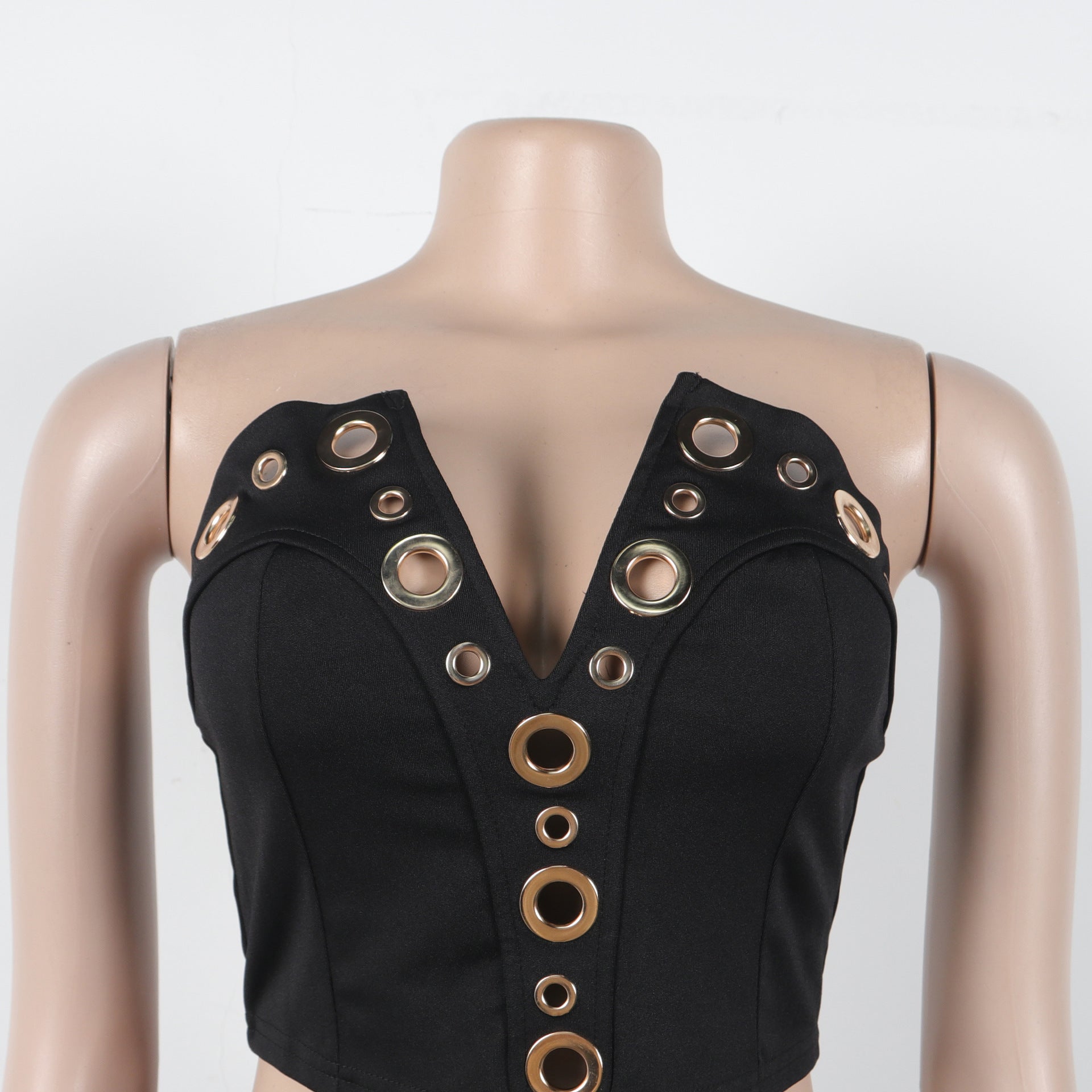 Women elegant elastic metal buckle decorated V-neck Top and Pants two-piece set 44