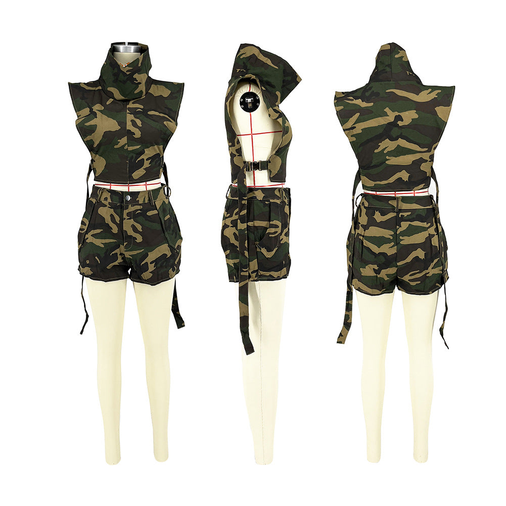 Women Summer Camouflage Pocket Top and Short Two-Piece Set 5