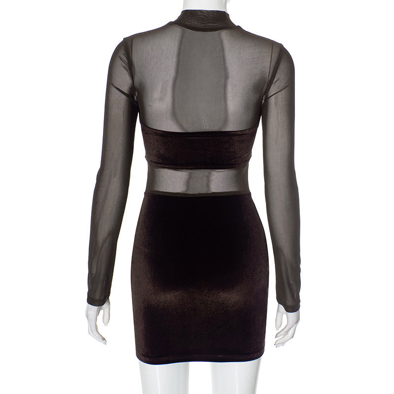 Women High Neck Velvet Mesh Patchwork Bodycon Dress 6