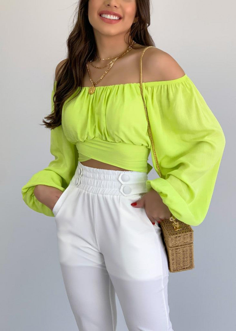 Top Women's Solid Color Lantern Sleeve Off Shoulder Sexy Puff Sleeve Crop Shirt 13