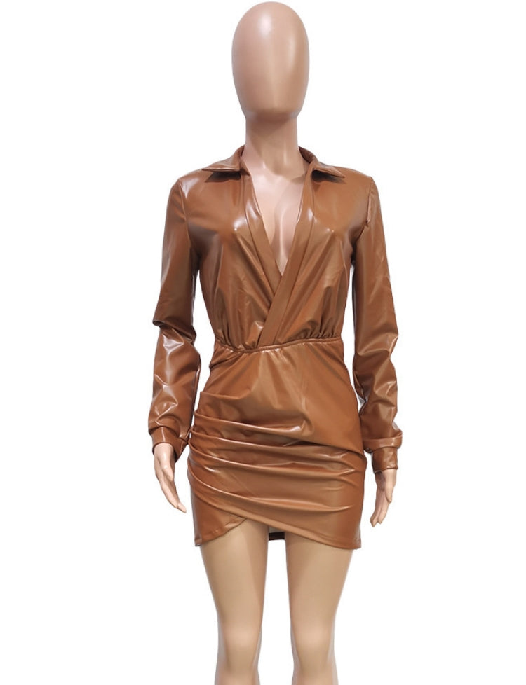 Spring Sexy Kahaki Deep V Neck Long Sleeve Pu Leather Mini Dress 6