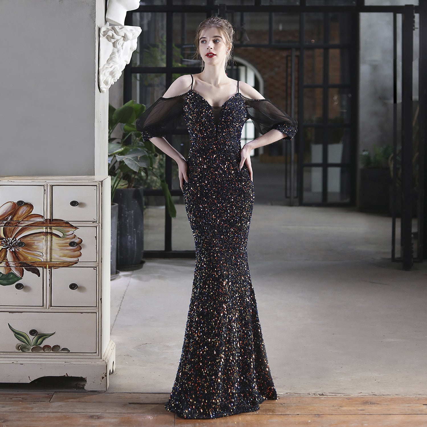 Summer Formal Sequin Patch Strap Mermaid Evening Dress 8