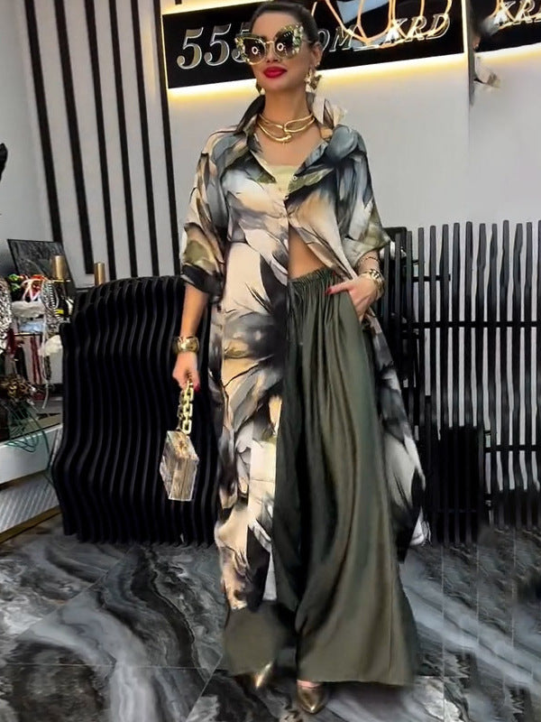 Stylish Printed Loose Cardigan Top Wide-Leg Trousers - Two-Piece Set