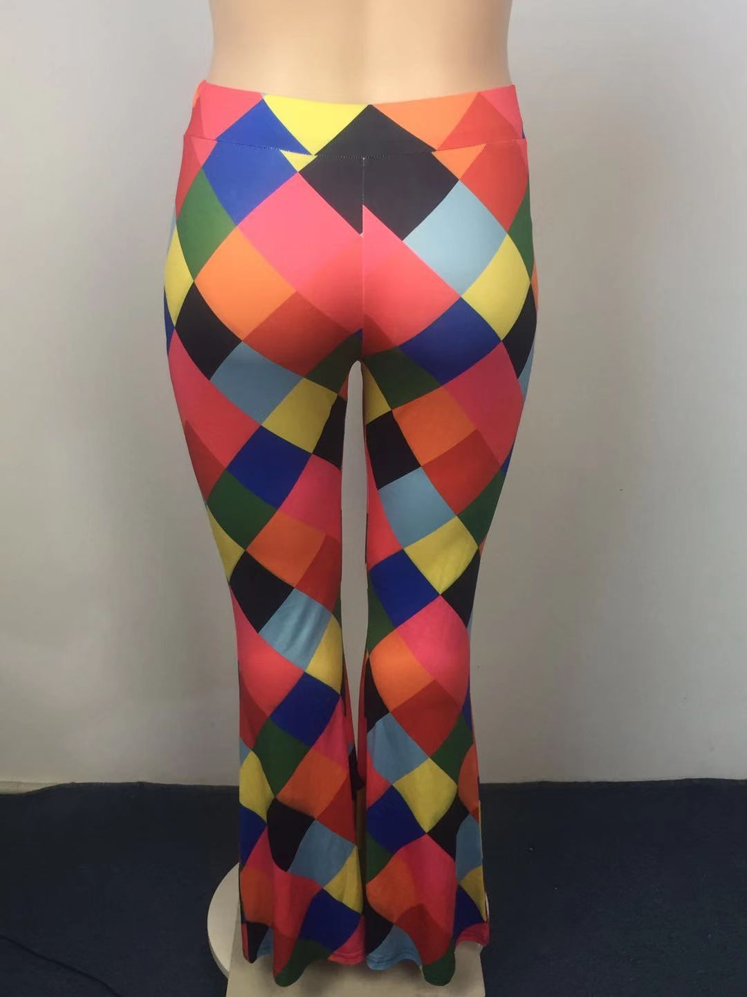 Plus Size Women Square Print Bell Bottom Pants 4