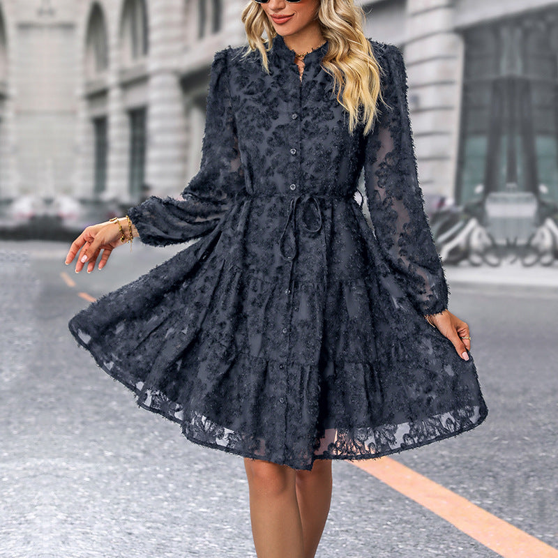 Women Long Sleeve See-Through Jacquard Dress 10