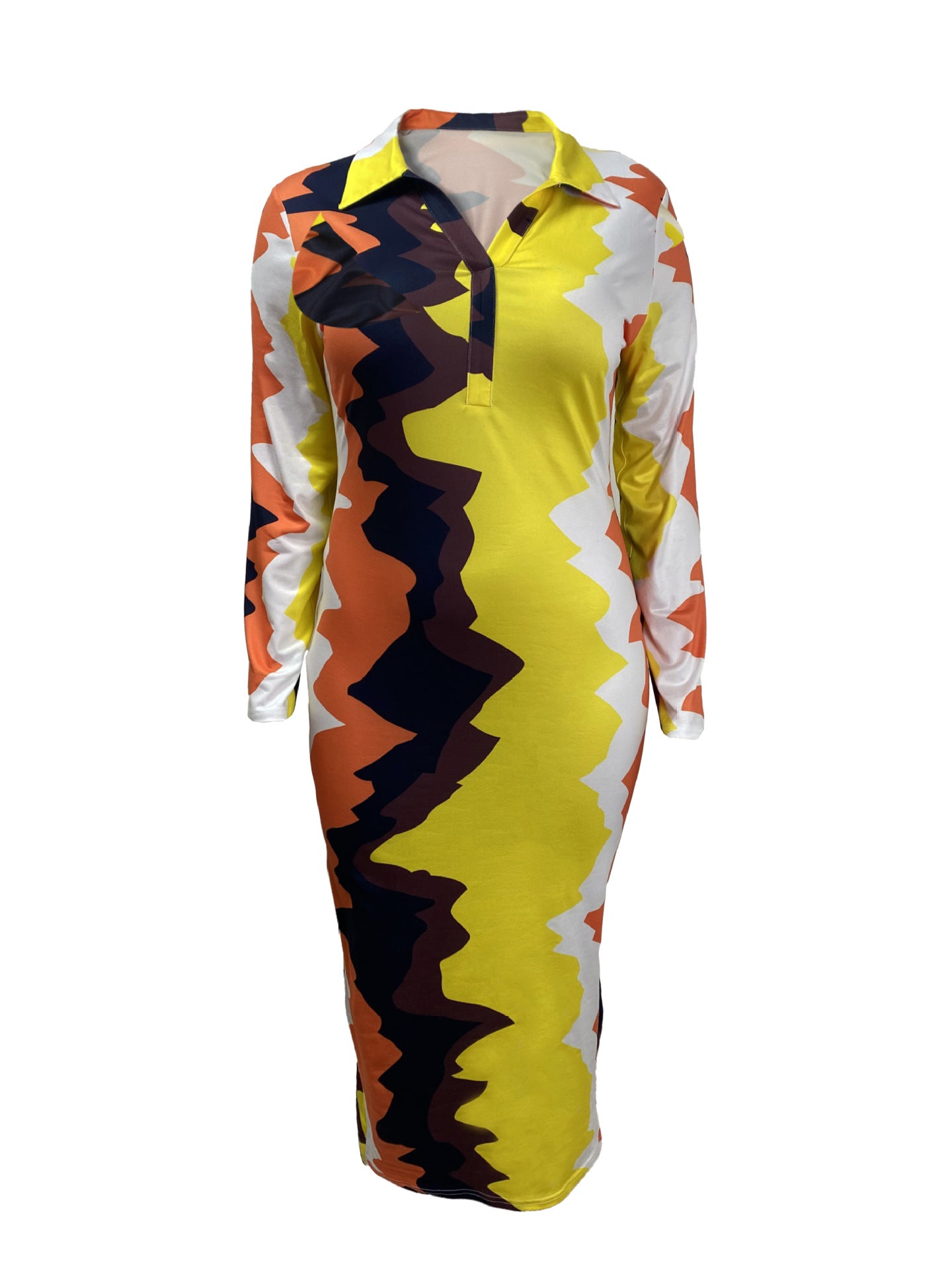 Women's Plus Size Fashion Turndown Collar Print Long Sleeve Slim Dress 4