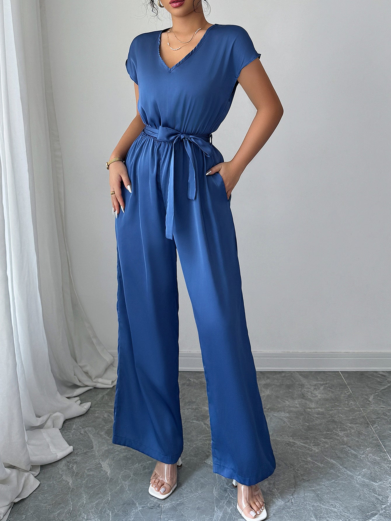 Women V Neck wide-leg Jumpsuit 4