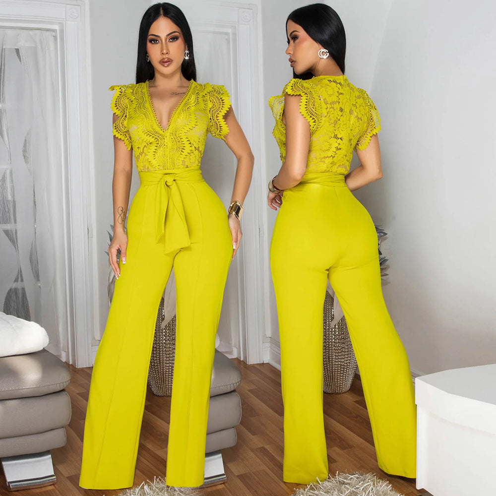 Women's Sexy V-Neck Sleeveless Solid Color Lace-Up Wide-Leg Jumpsuit