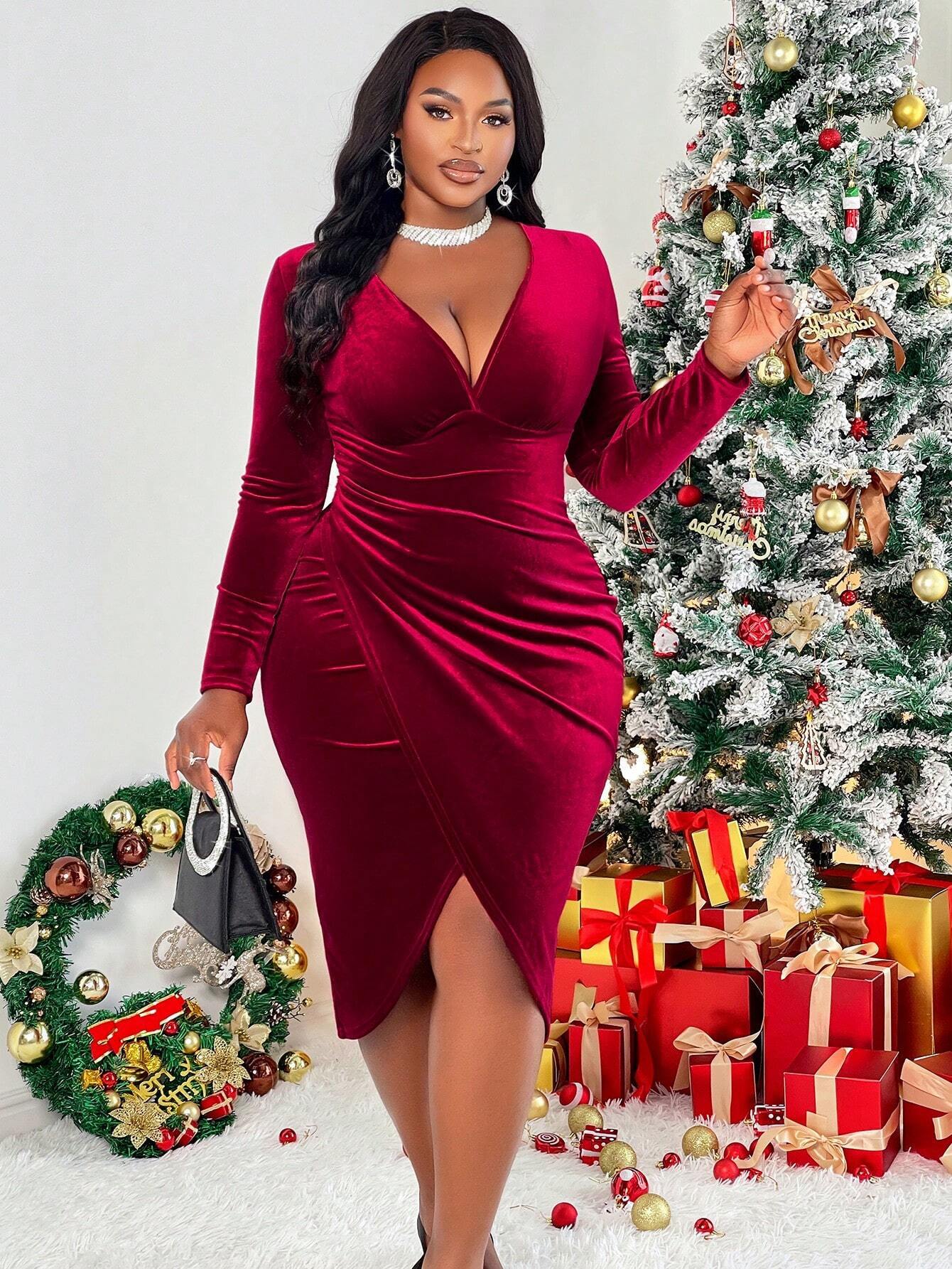 Autumn And Winter Women's Sexy V-Neck Burgundy Midi Dress