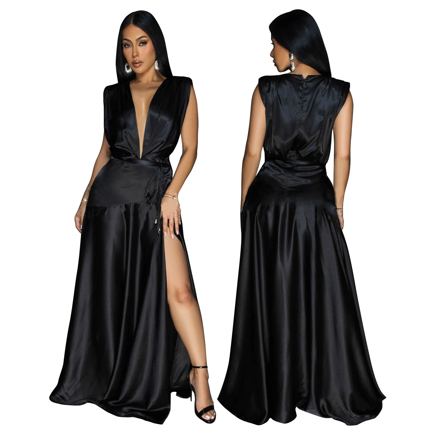 Fashionable Women's Sexy Deep V-Neck Sleeveless High Slit Long Dress 3