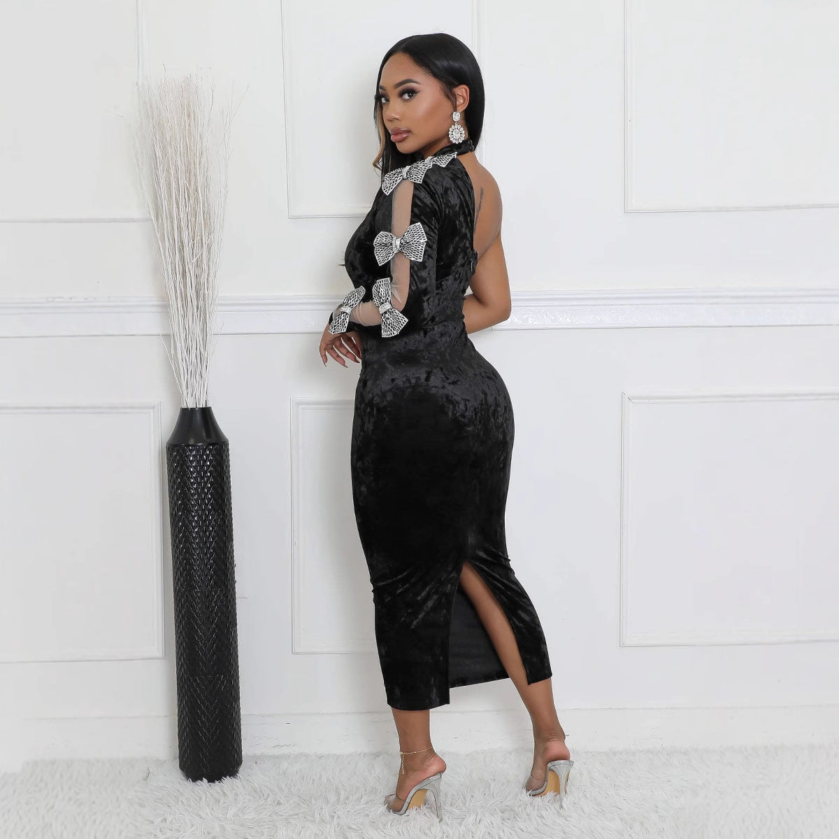 Women off-shoulder rhinestone ribbon single long-sleeved velvet dress 4