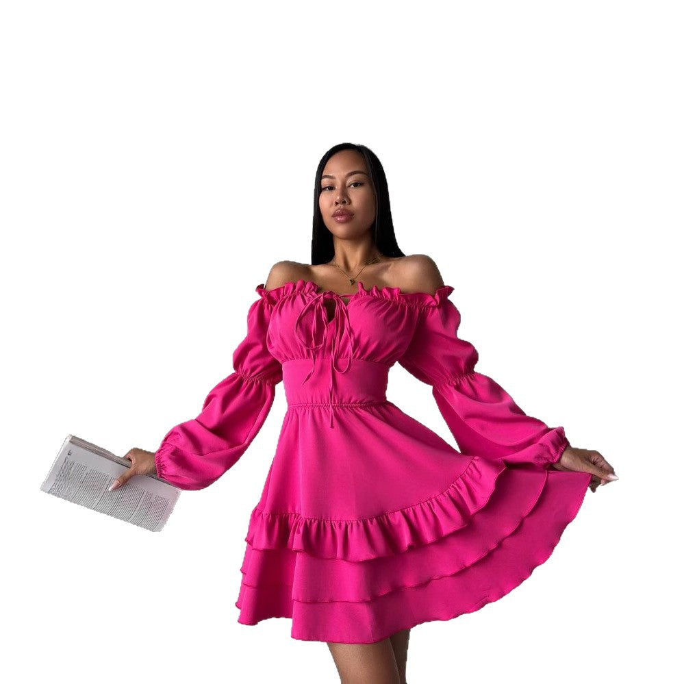 Solid Color Off Shoulder Puff Sleeve Sexy Summer Dress 8