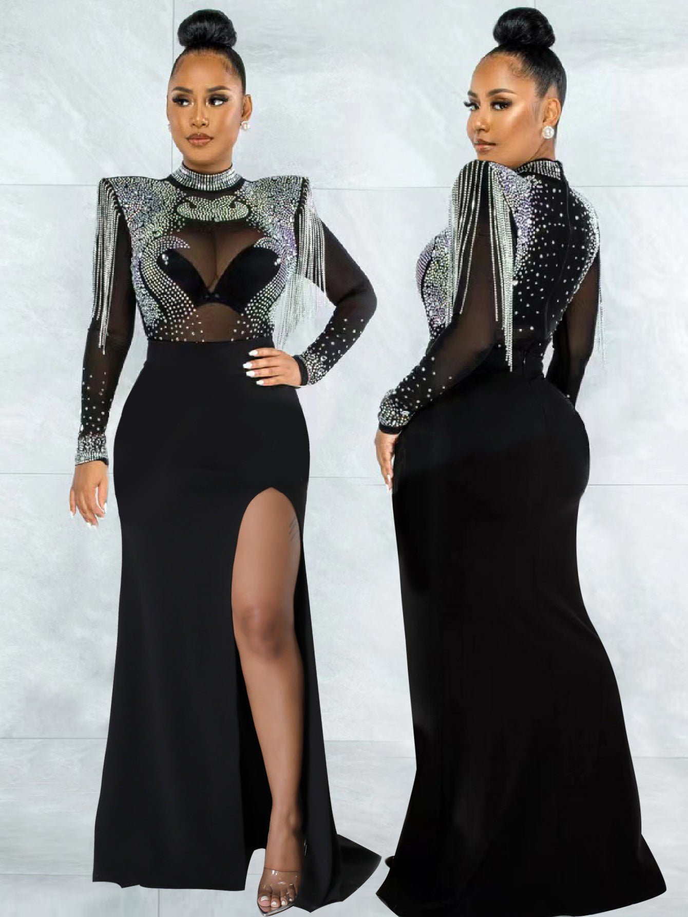 Women Sexy See-Through Mesh Beaded Slit Dress 3