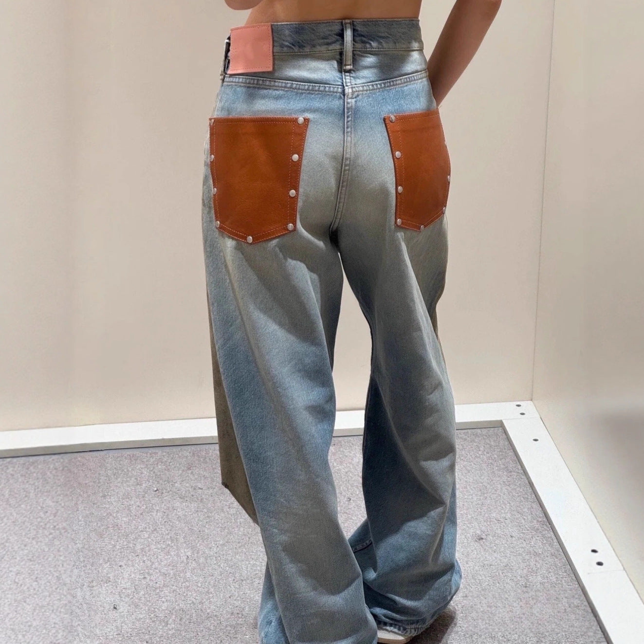 Women American Autumn Studded Patchwork Ink-Washed Denim Pant 5