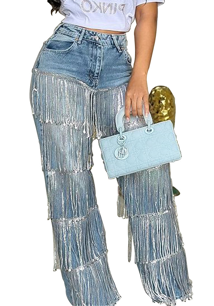 Autumn and Winter Women's Tassel Loose Straight Denim Trousers