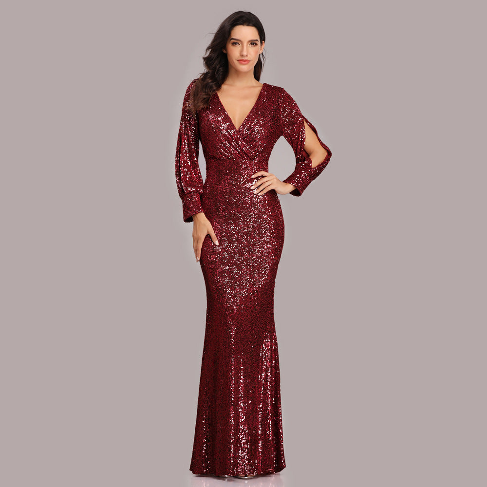 Plus Size Women Long Sleeve V-Neck Sequined Mermaid Evening Dress 9