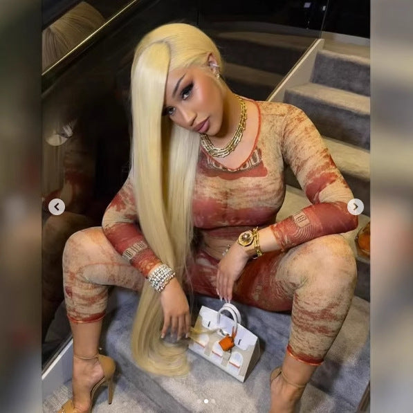 Women Spring Mesh Printed Round Neck Long Sleeve Top and Pants Two Piece Set 4