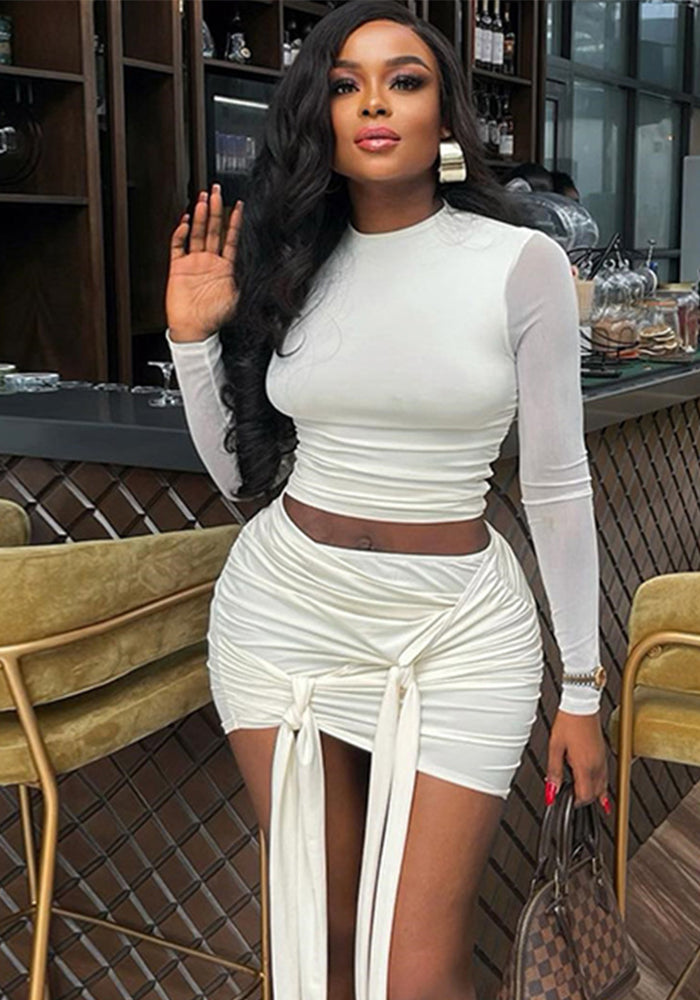 Women's Solid Color Round Neck Mesh Patchwork Crop Top Ribbon Skirt Two Piece Set