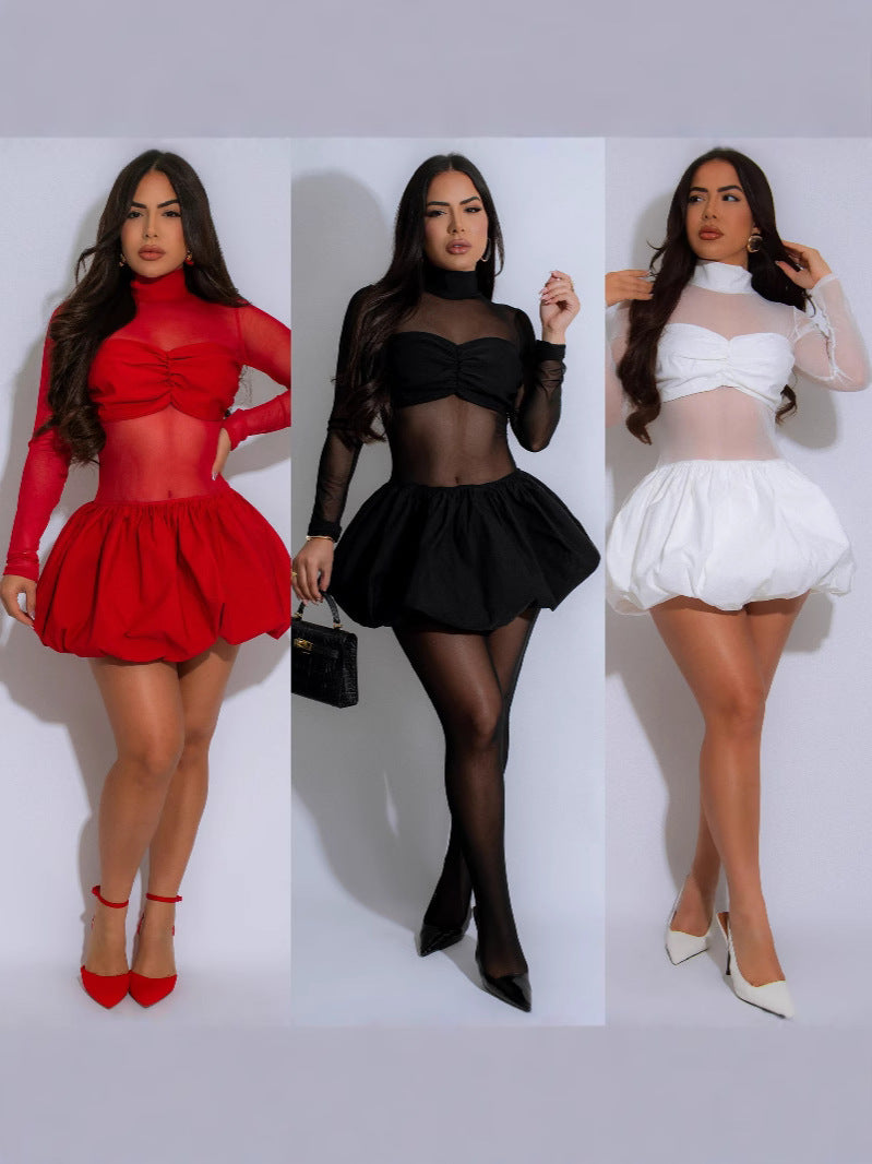 Women summer elegant bubble long sleeve mesh dress