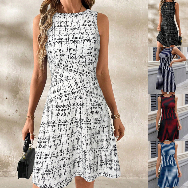 Women spring and summer striped plaid Round Neck sleeveless color matching Pleated dress 7