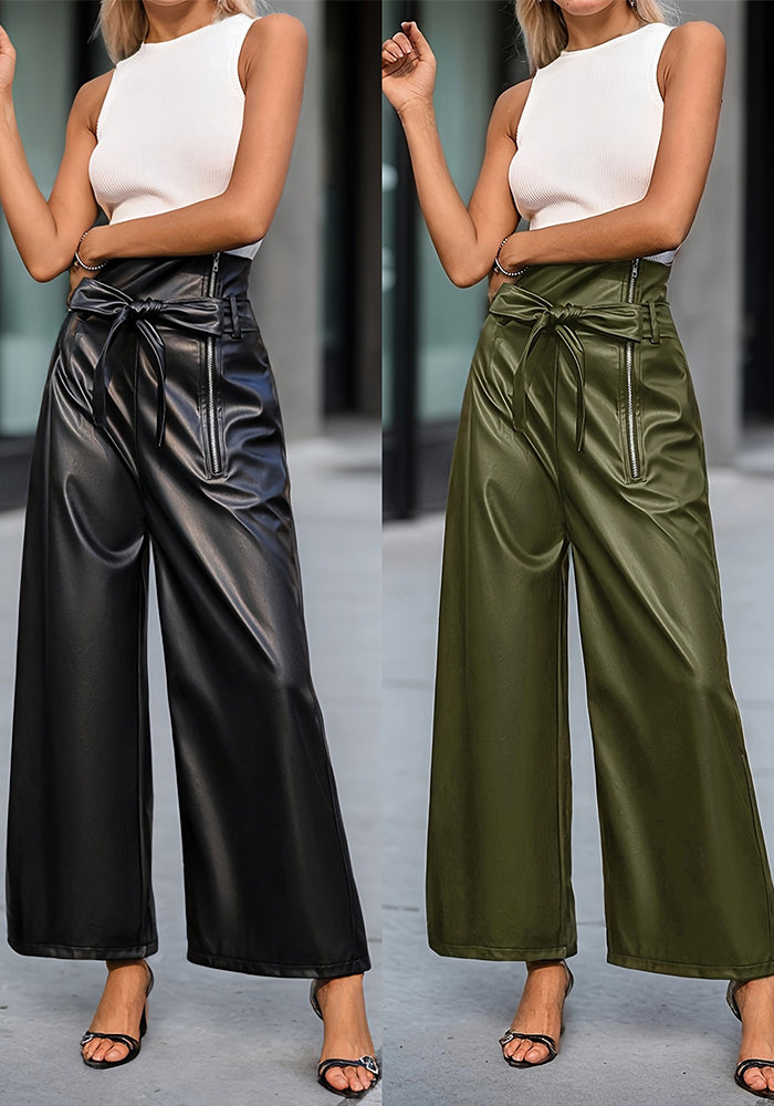 Women Belt Zipper Casual pu Leather Pants